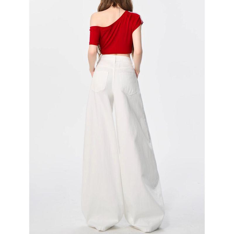 White Denim Jeans for Women, Plus Size, Summer Thin High-Waisted Loose Fit, Slimming Floor-Length Pants for Plus-Size Girls, Drapey Wide-Leg Pants