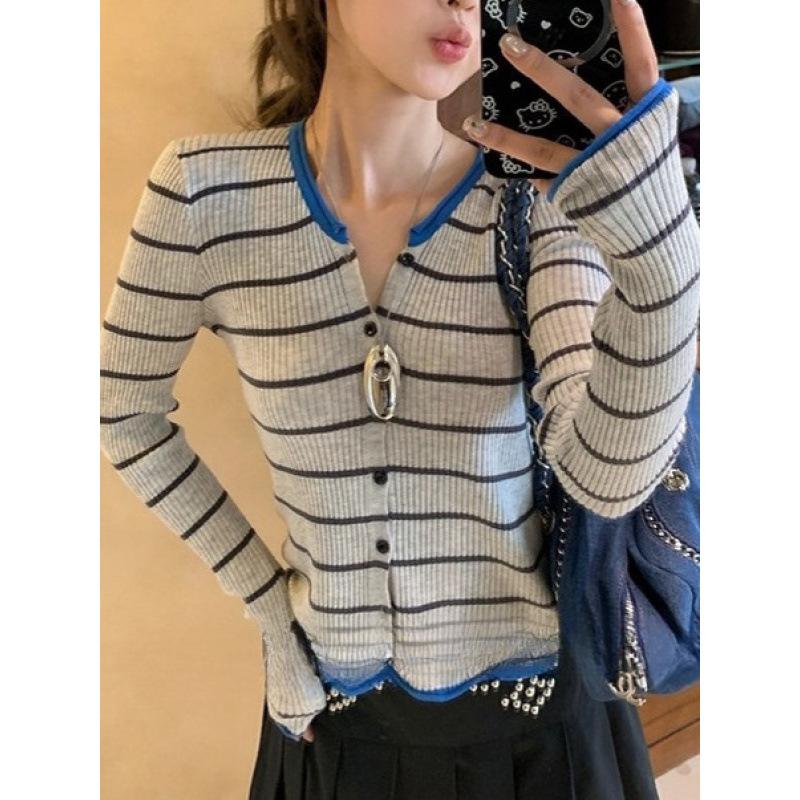 Women's Slim Fit Korean V-Neck Striped Knit Cardigan – Early Autumn Retro Style Sweater