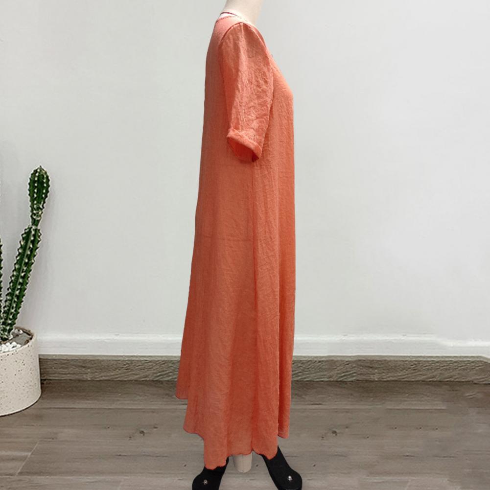 Bohemian Style Cotton Linen Loose Dress Women's V-neck Dress Vintage Straight Beach Dress Soft Breathable Long Dresses