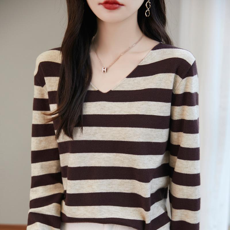 Autumn and Winter Women's Striped Long-sleeved V-neck Bottoming Pullover Loose Casual Knitwear