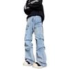 Mens Distressed Washed Denim Pants With Ruched Detail Multi-Pocket Flared Fit Streetwear Jeans Fall