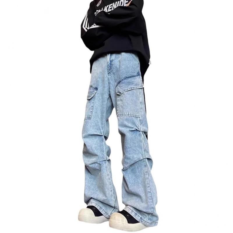 Mens Distressed Washed Denim Pants With Ruched Detail Multi-Pocket Flared Fit Streetwear Jeans Fall
