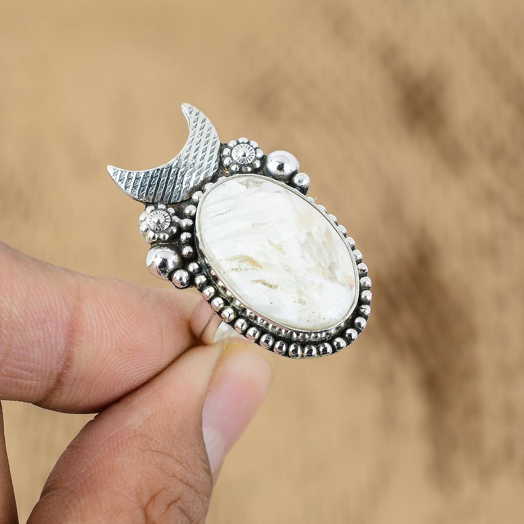 925 Silver Oval Natural Scolecite Unique Cresent Moon Wedding Wife Promise Ring