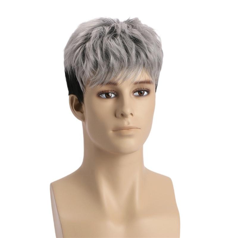 Synthetische Kurzhaarperücken für Männer Ombre Grau und Schwarz Stufige Perücke mit Pony Männlich Jungs Cosplay Trendige Modeperücken Halloween-Perücke