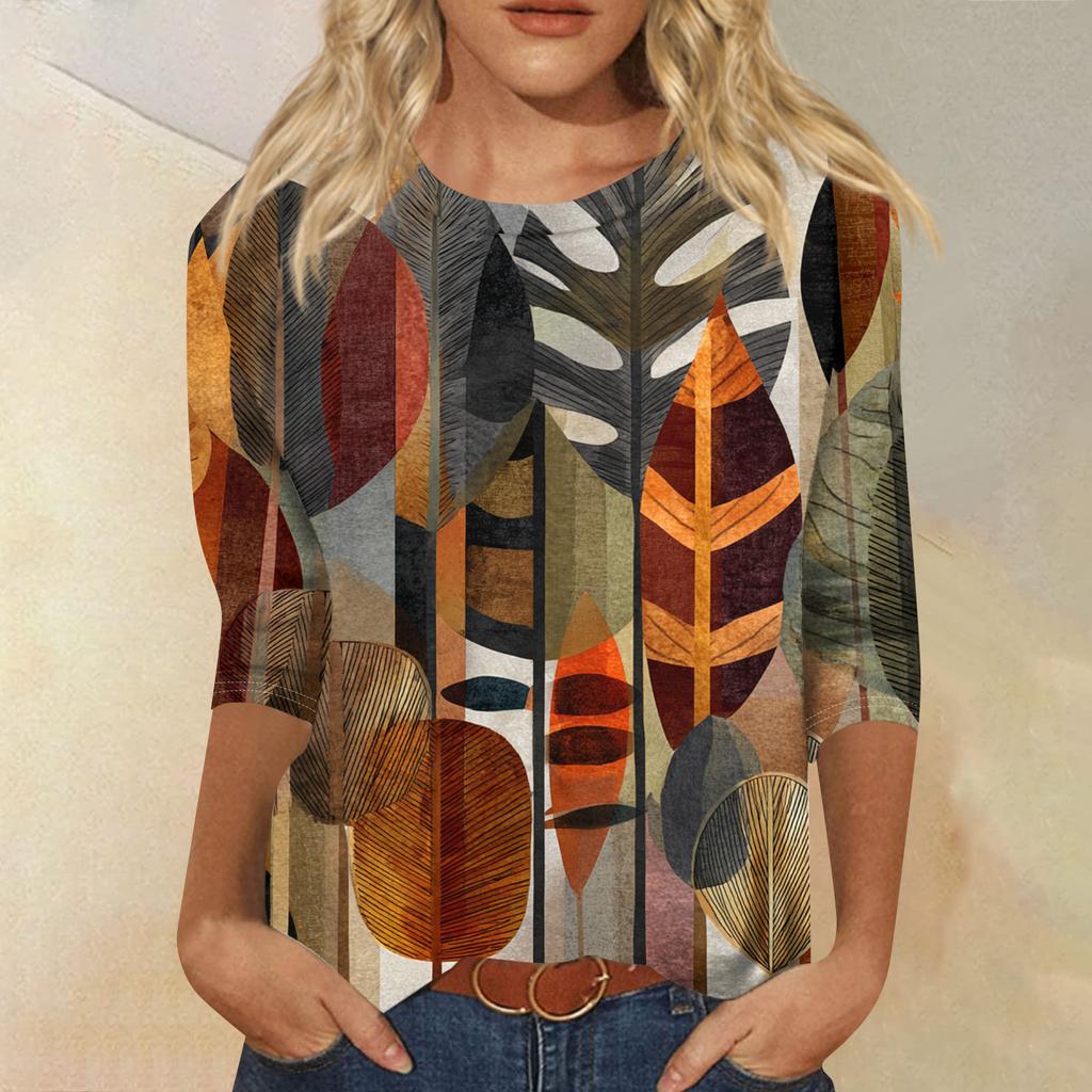 Women's Fashion Casual Round Neck Three-quarter Sleeve Retro Floral Print T-shirt Top