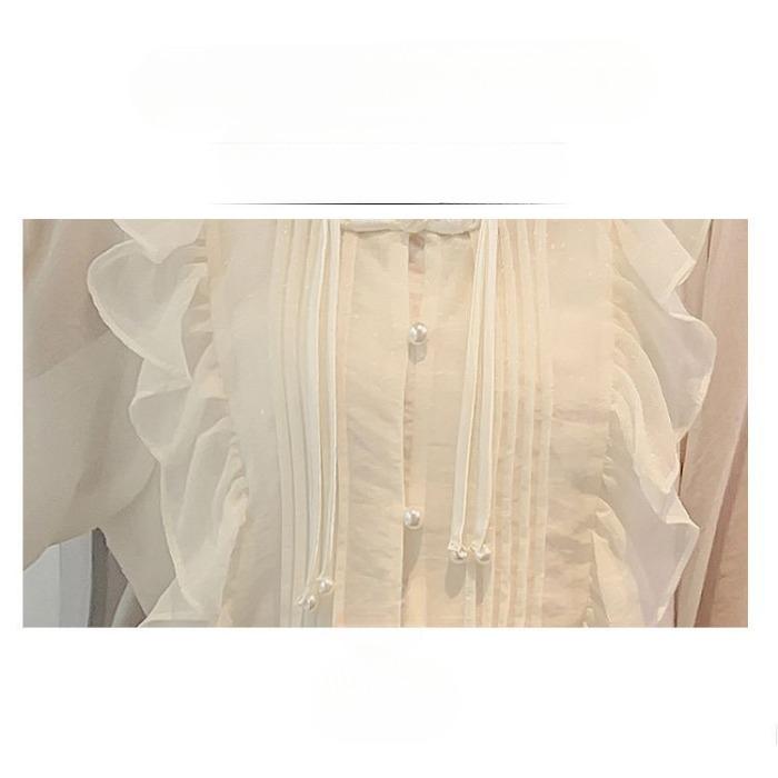 Camicetta in Chiffon Morbido con Pizzo e Volant Stile Francese per Donna Autunno con Design Unico e Stile Chic