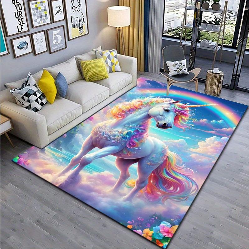 Vibrant Rainbow Unicorn Area Mat - 800g/m² Crystal Velvet, Non-Slip, Washable Floor Mat for Living Room, Bedroom, Yoga, Bathroom