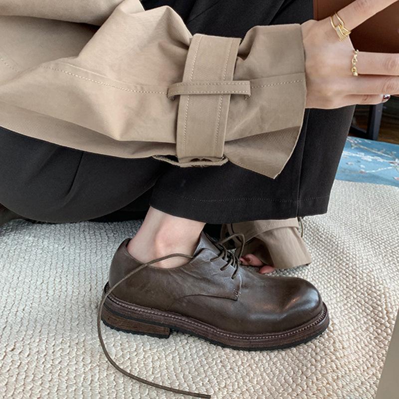 Sheepskin Version~ Leather Thick Heel Retro Pleated Small Leather Shoes Women's British Lace-up Platform Oxford Shoes Loafers Single Shoes