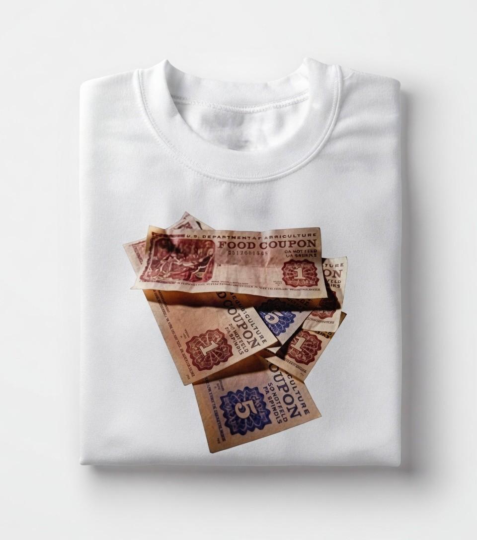 Vintage Food Stamps T-Shirt | Retro Food Stamp Pile Shirt | Funny Hustle Tee M