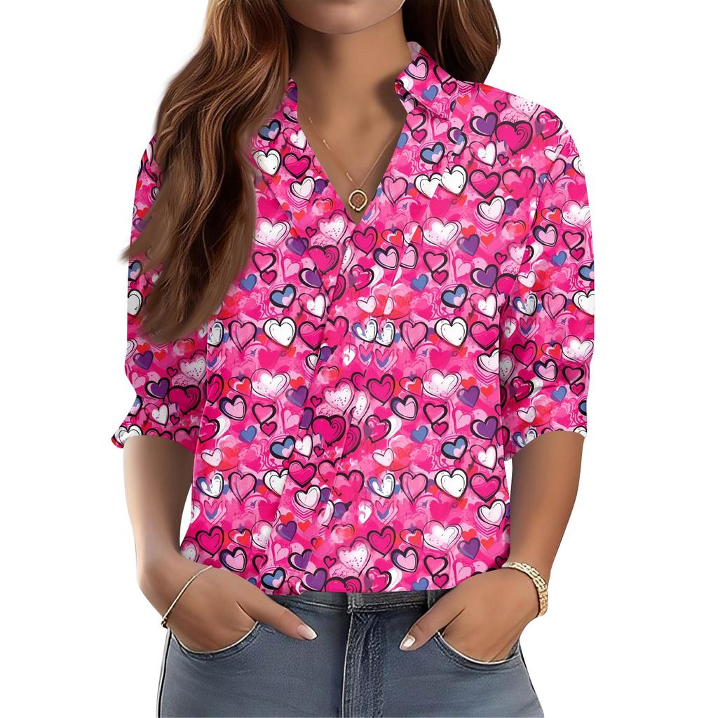 Women's 3/4-Sleeve V-Neck Shirt Printed Workwear Casual Regular Shirt Collar Top
