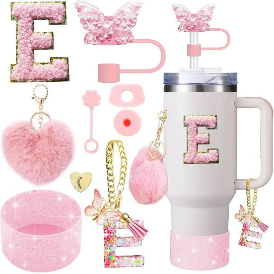9PCS Accessory Set for Stanley Cup 30oz 40oz Butterfly Straw Cover Cap Silicone Boot Charm Initials Sticker Spill Proof Stopper Cup Holders 5