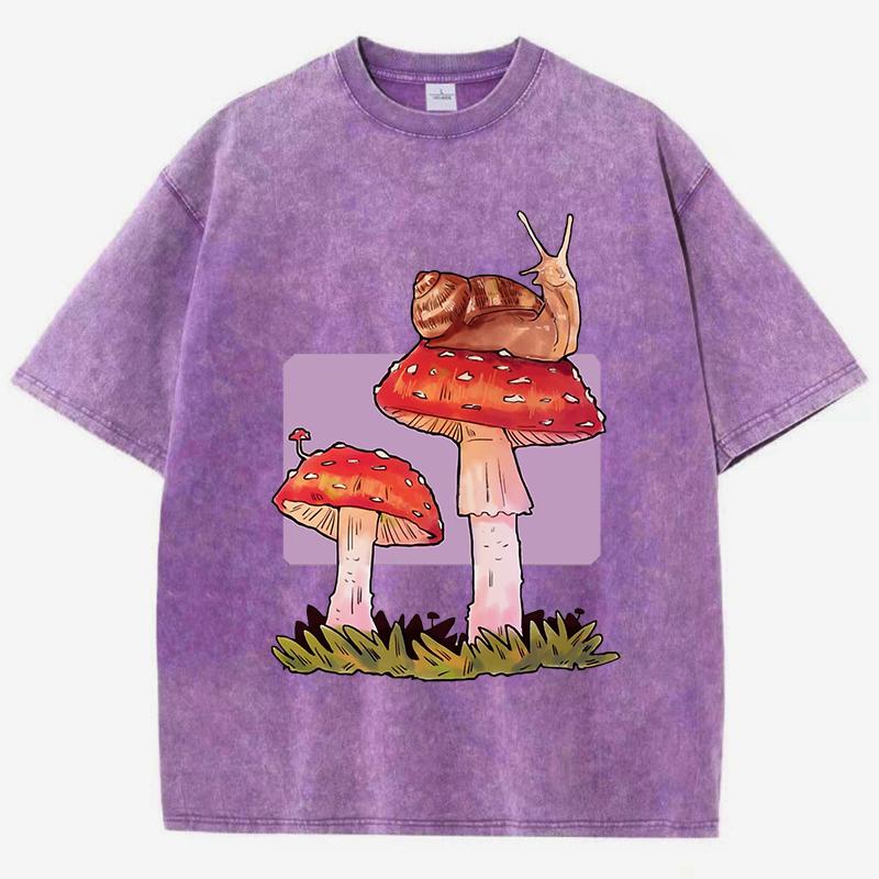 Snail Mushroom Creative Printed Womens Washed T Shirts Cotton Hip Hop T-Shirt Casual Y2K Soft Sportswear Loose Clothes