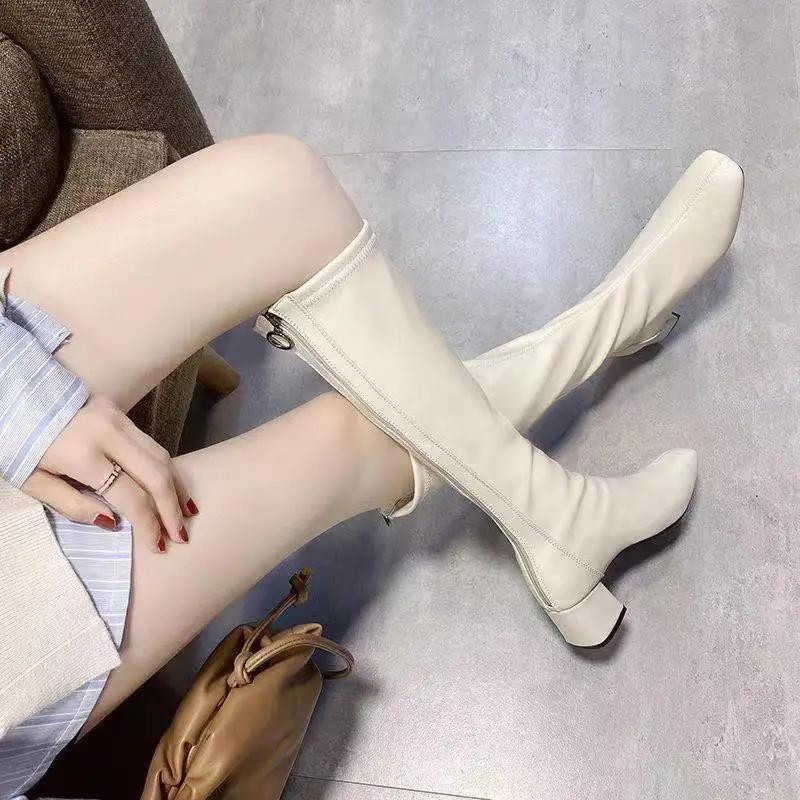 Fashion Square Toe Women's Long Boots Quality Leather Pu New Rock Spring 2024 Ladies Knee High Shaft Shoes on Promotion Demi-season Work