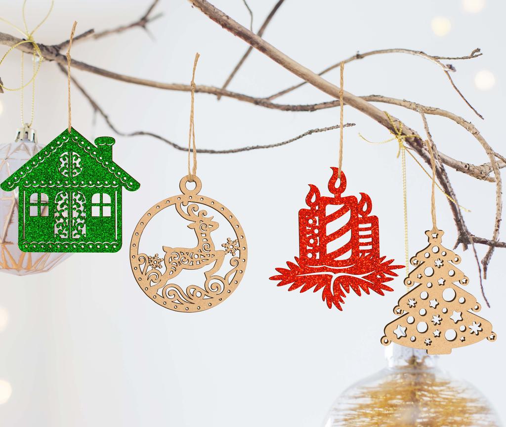 Inkdotpot 18ks vánoční ozdoby, nedokončené dřevěné laserové výřezy ozdoby ve tvaru stromku/zvonku Závěsná ozdoba