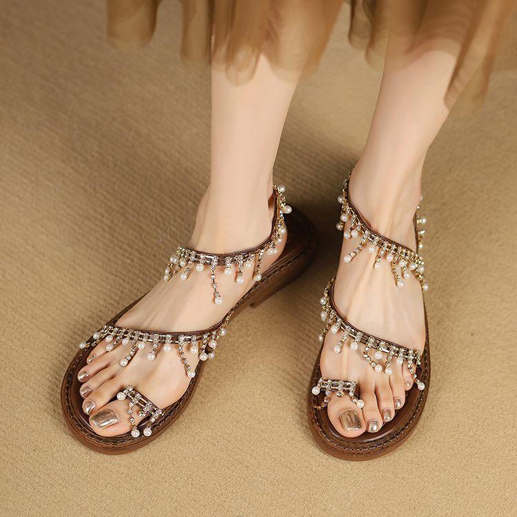 Rhinestone Flat-soled Sandals Female 2025 New Vacation Seaside Xishuangbanna Toe Round Head Roman Shoes Fairy