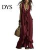 Pleated Dress Women Bohemian Long Summer Ruffle Deep V Neck Sleeveless Swing Solid Color Loose Casual Beach Vacation Maxi