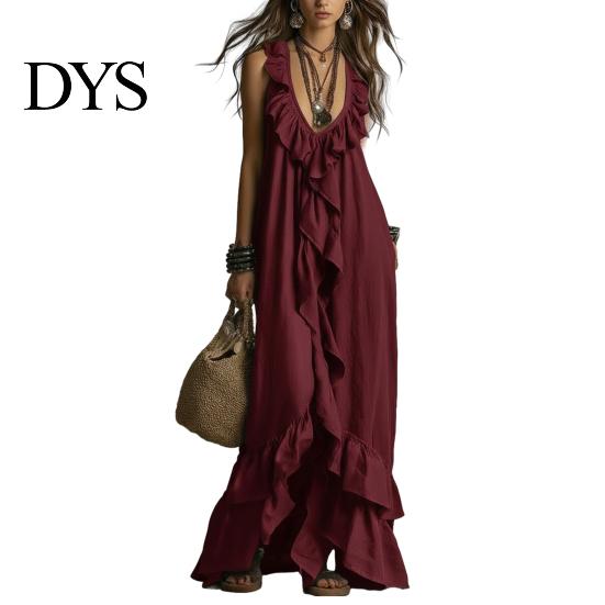 Pleated Dress Women Bohemian Long Summer Ruffle Deep V Neck Sleeveless Swing Solid Color Loose Casual Beach Vacation Maxi