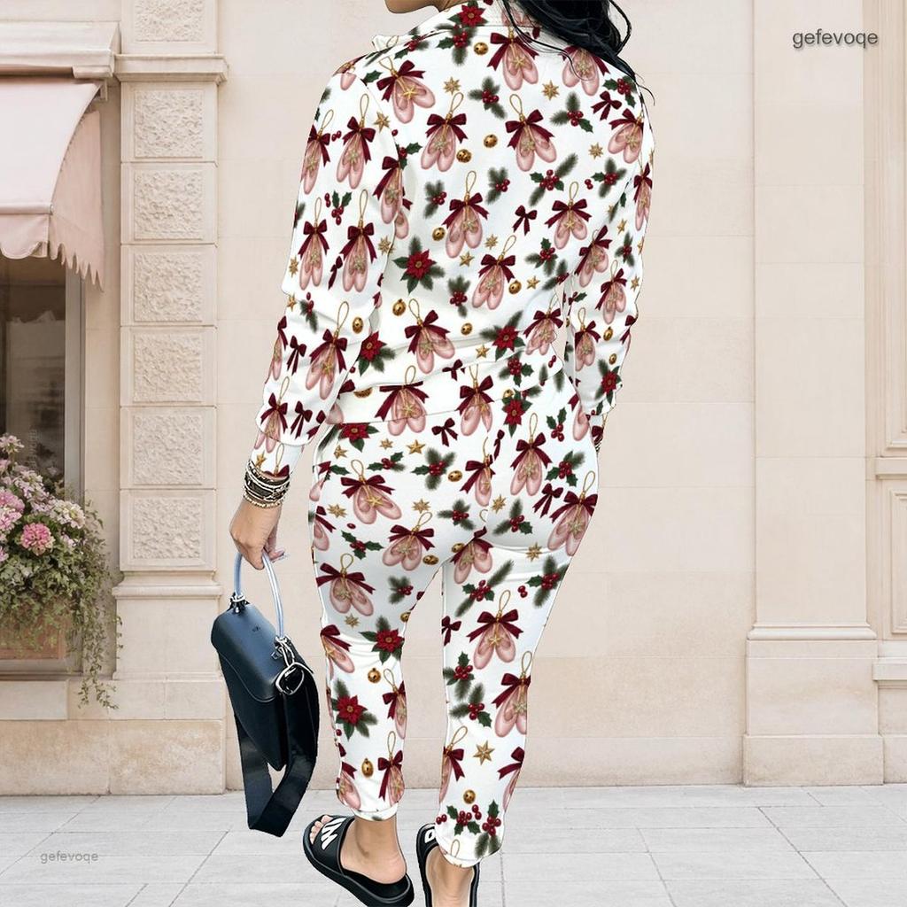 Women Plus Size Stand Collar Long Sleeve Zip Jacket And Pants White Teddy Bear Printed Two Piece Set
