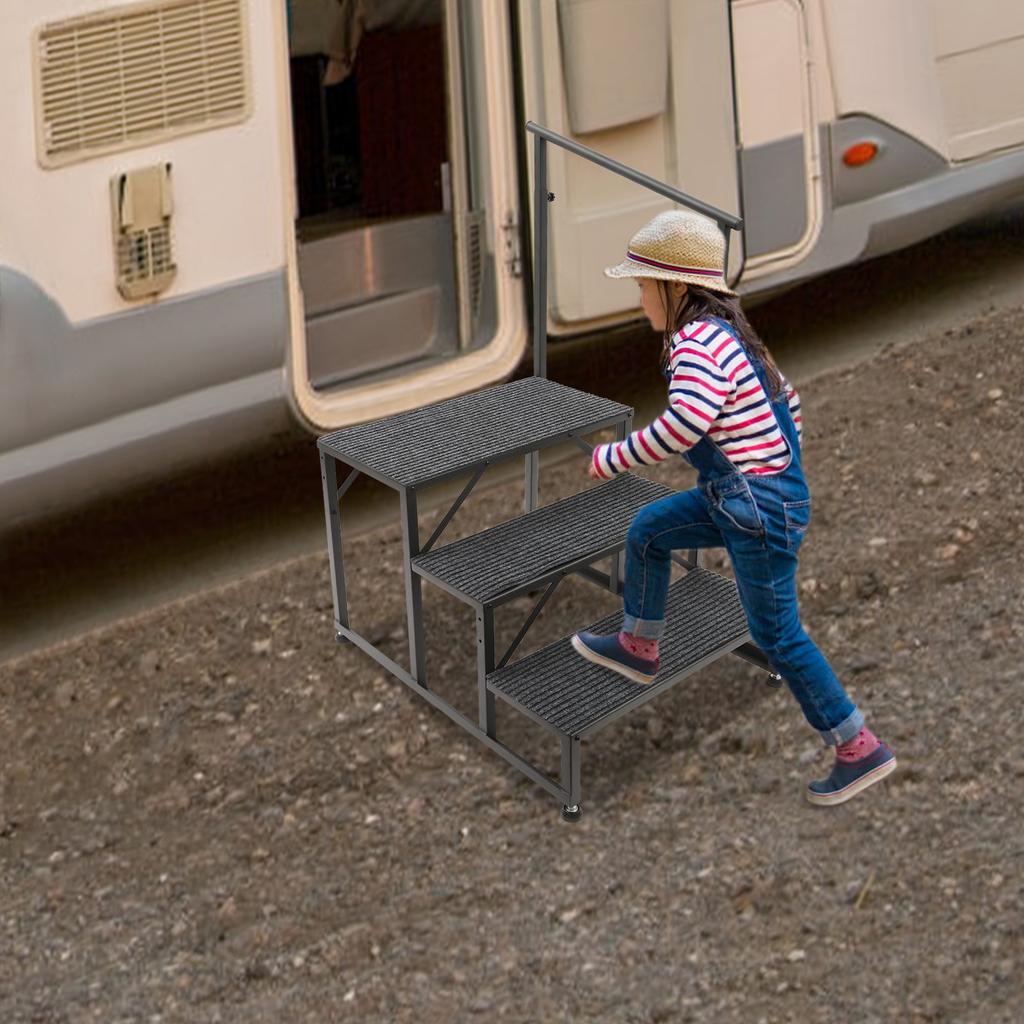 Portable Step Stool 3-Step with Handrail 450lbs Load Steel Folding Ladder for Travel Trailer Porch