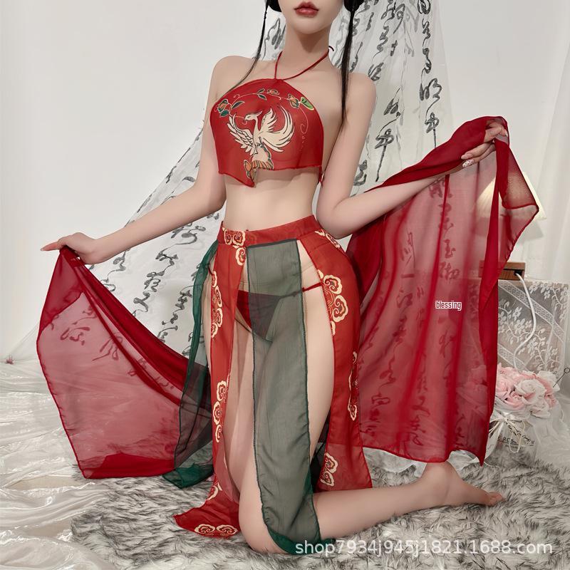 Elegant Ancient Court Style Lingerie Set with Hanfu Belly Band - Inspired by Dunhuang Flying Apsaras and Phoenix Motifs.