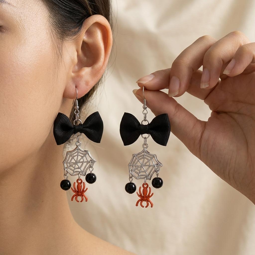 New Design Sweet Cool Black Bowknot Spider Dangle Earring for Women Gothic Spider Web Bat Long Tassel Earring Halloween Jewelry