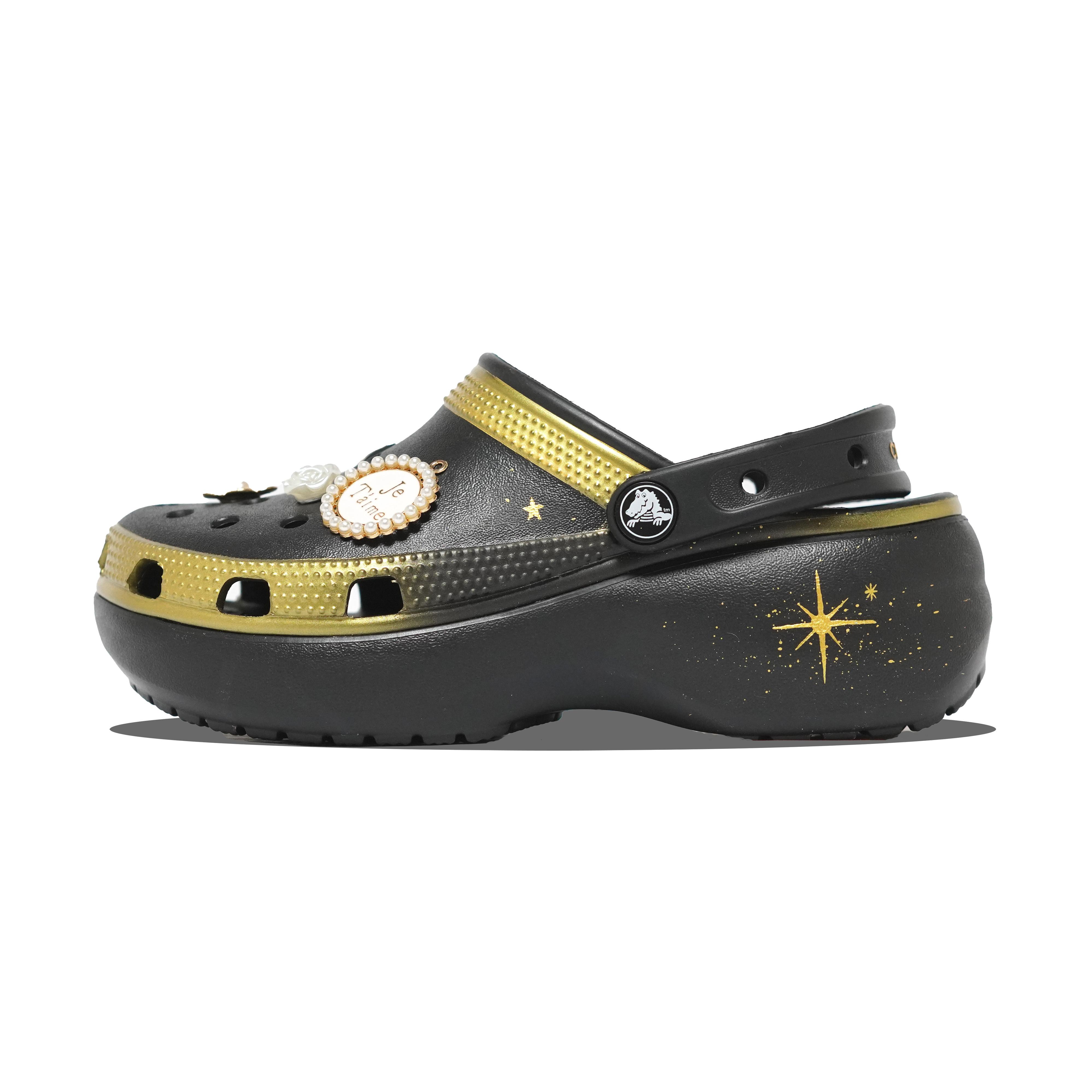 

Crocs Classic Platform Clog Trend Personality Versatile Classic EVA Hole Shoes Women s Black Gold 39-40