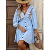 European Summer Fashion Temperament Vacation Style Embroidery Waist V Neck Long Sleeve Short Dress Women