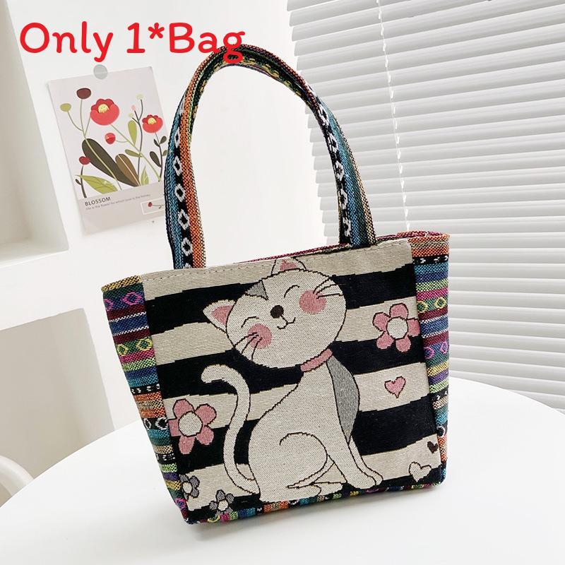 Elephant Embroidered Canvas Handbag With Dual Handles For Casual Daily Use