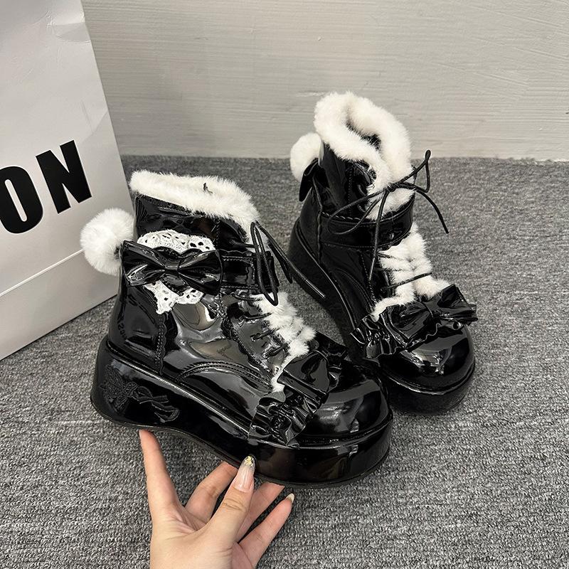 Sweet hairball bow snow boots 2025 new thick-soled plush warm cute winter cotton boots
