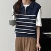 1011 Autumn and Winter College Style Half Zipper Striped Lapel Knitted Vest Women Stacked Wear Soft Waxy Thin Sweater Vest