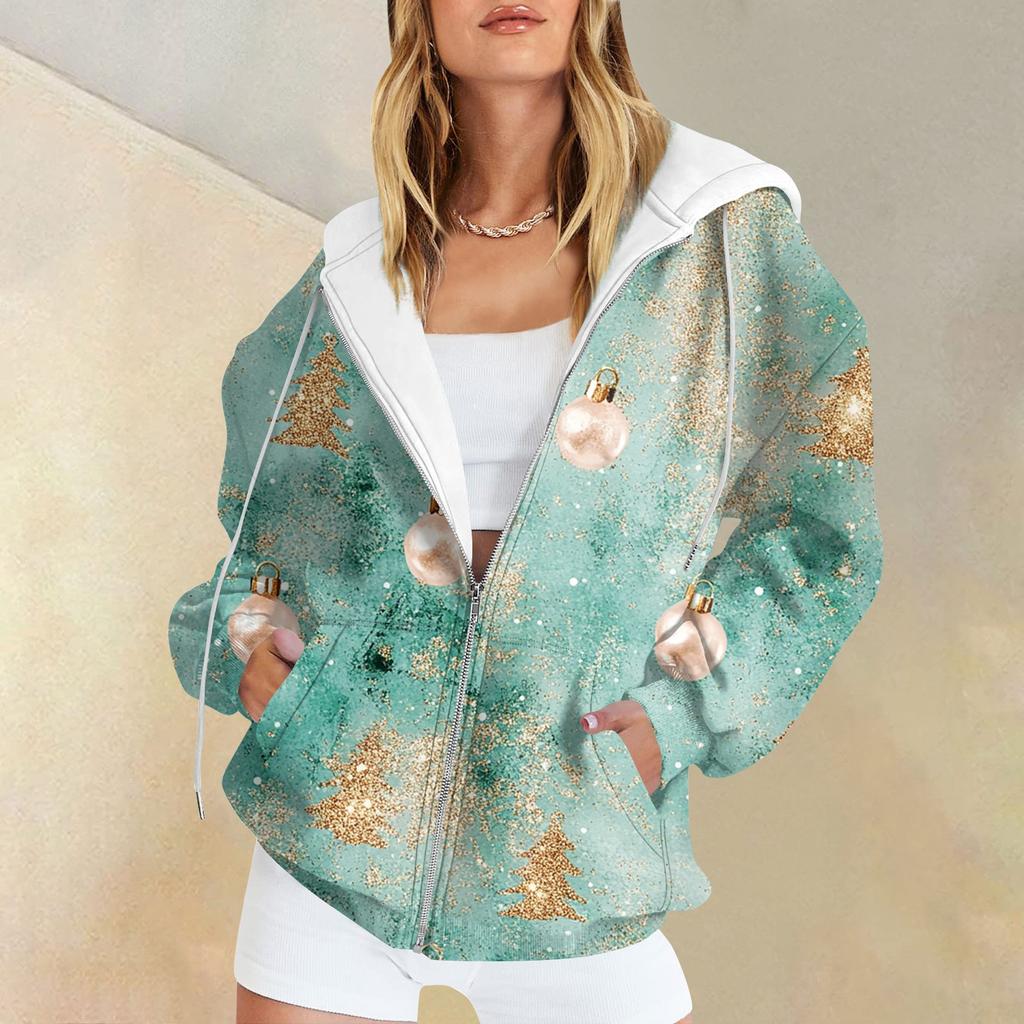 Women's Long Sleeve Christmas Print With Pockets Cardigan Zipper Hooded Sweatshirt Jacket