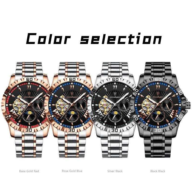 POEDAGAR Luxury Men Clock Hollow Tourbillon Automatic Mechanical Watch Waterproof Luminous Stainless Steel Watches+Box
