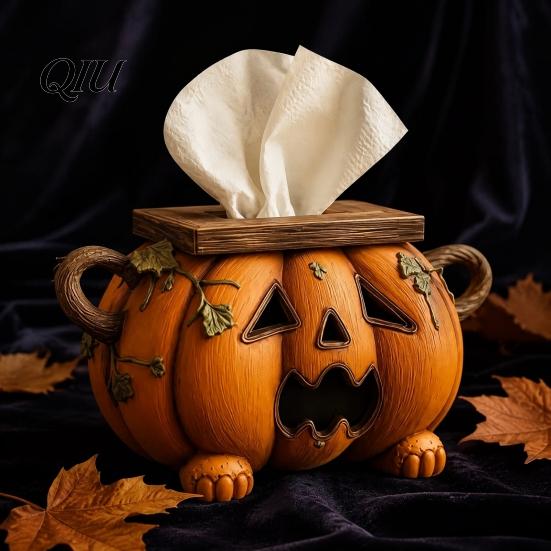 Funktionale Feiertagsdekoration Halloween Kürbis Taschentuchbox, Harz Dekorativer Gesichtsspender, Herbstthemed Home Accents Kreativer Papierhandtuchhalter
