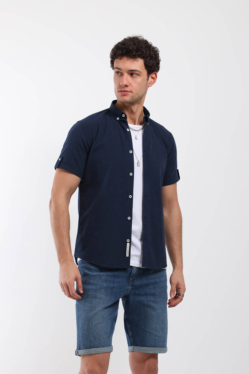 

Мужская однотонная рубашка с коротким рукавом темно-синяя XXL темно-синий