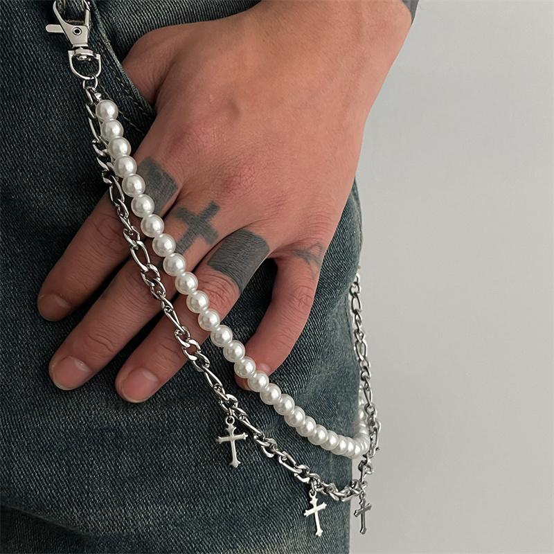 Fashion Imitation Pearl Cross Jeans Chain Keychain Men Women Trousers Hipster Pant Chain HipHop Jewelry