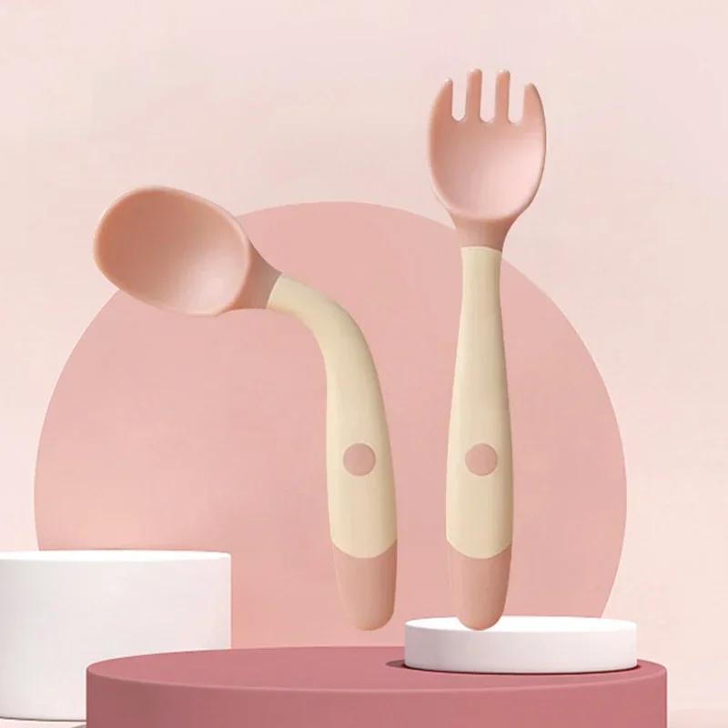 Baby Children Spoon Fork Set Soft Bendable Silicone Scoop Fork Kit Tableware Toddler Training Feeding Cutlery Utensils Tableware