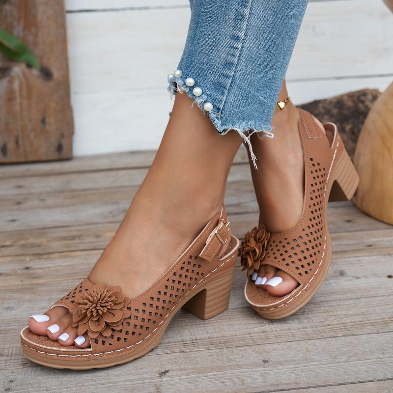 New Summer Women's Floral High Heel Sandals Buckle-Strap Slides