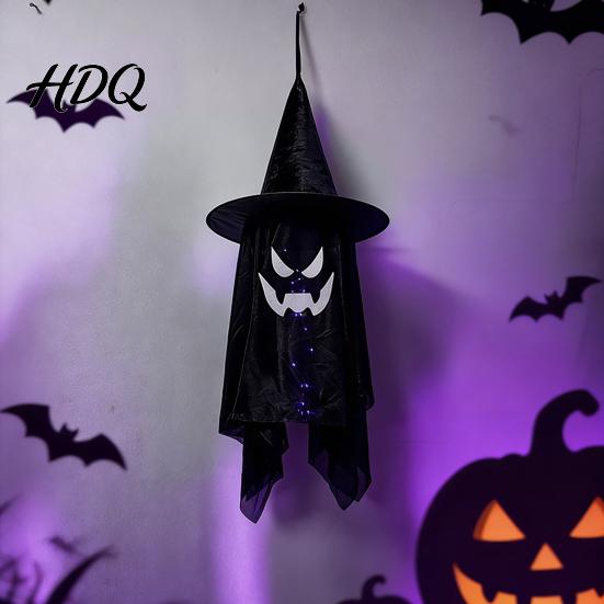 Lighted Ghost Wizard Pendant for Yard Halloween Hanging Decor with Hat LED Light Up Outdoor Decorations Windsock Porch Yard Spooky Fabric