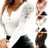 Women Hollow Out Lace Patchwork Pullover T Shirt Long Sleeve Slim Fit Soft Stretchy Round Neck Button Closure Solid Color Top Lady Spring Fall