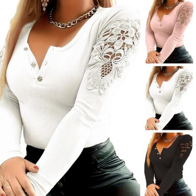 Women Hollow Out Lace Patchwork Pullover T Shirt Long Sleeve Slim Fit Soft Stretchy Round Neck Button Closure Solid Color Top Lady Spring Fall