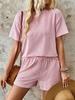 Women Casual Two Piece Set Short Sleeve Round Neck Top Elastic Waist Shorts