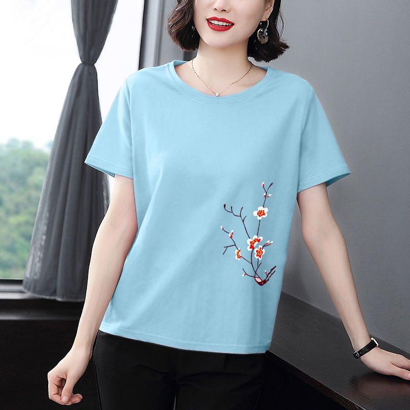 Dam Kortärmad Bomull Kortärmad Lös Enfärgad T-shirt Rund Hals Bekväma Toppar