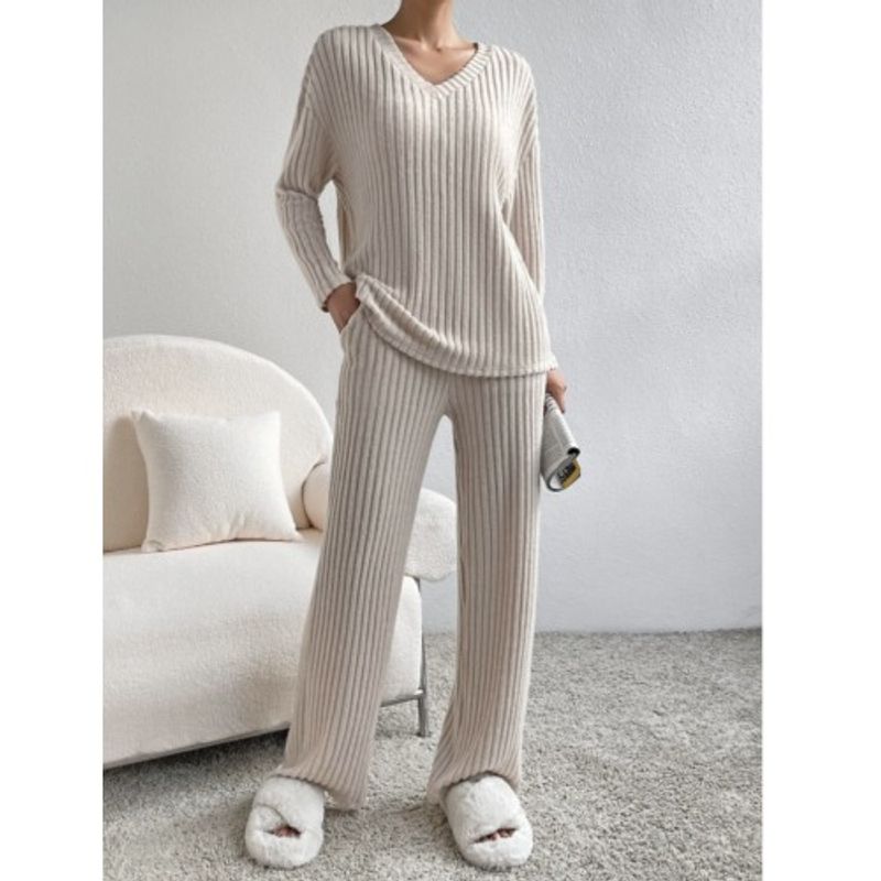 Western Style Spring and Autumn New Cross-Border V-neck Solid Sunken Stripe Loose Long Sleeves Shirt Trousers Casual Two-piece Suit Women Clothes