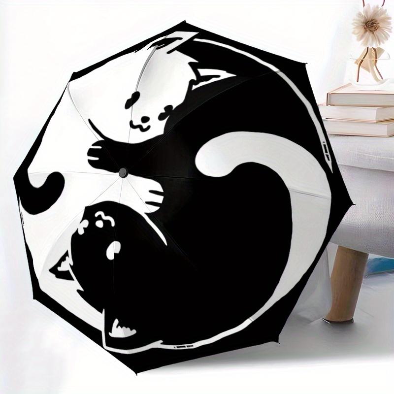 1pc Yin and Yang White Cat and Black Cat Pattern Beautiful Looking Automatic Folding Umbrella, 3 Folding, 8 Pole Frame Design, Durable and Suitab