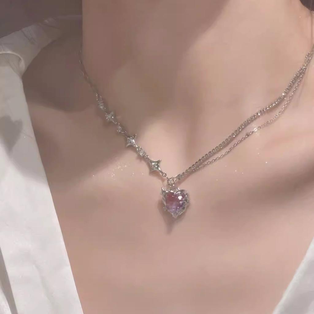 Spice Girl Pink Diamond Love Necklace Women'S Splicing Diamond Chain Niche Design Sweet And Cool Versatile Clavicle Chain Light Luxury