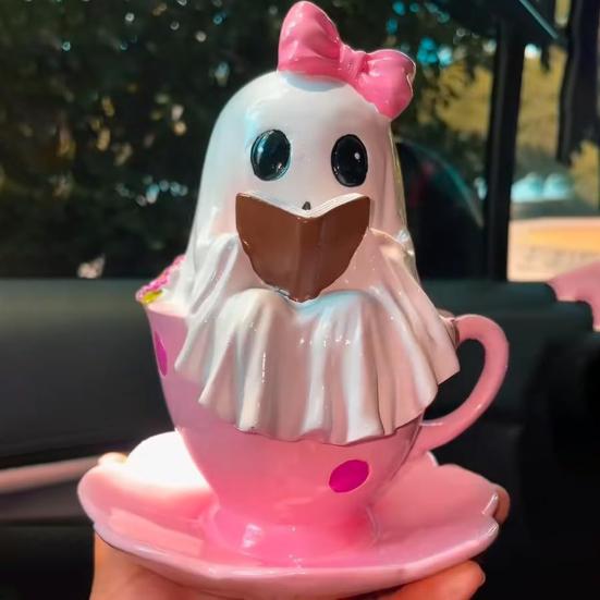 1/2Pcs Halloween Reading Ghost Figurine Pink Teacup Ghost Statue Resin Sculpture Home Office Holiday Party Desktop Decoration Ornament