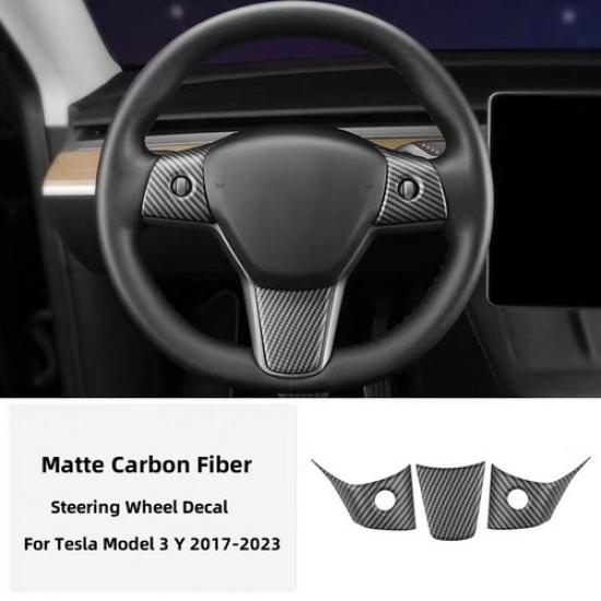 For Tesla Model 3 Y Matte Carbon Fiber ABS steering wheel patch Cover Trim 3PCS