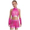 Flickors Dansuppträdandeset Ärmlös Crop Top Nyckelhålsrygg Glittrig Paljettdesign Shorts Tofsar Handskar