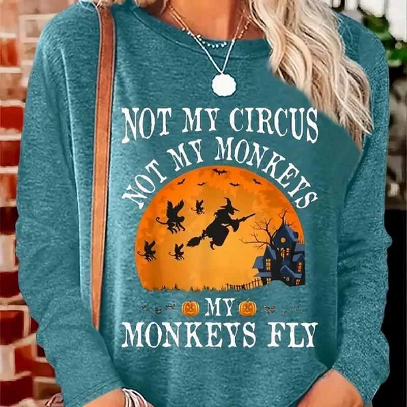 Tops For Women Halloween Night Witch Print Round Neck Long Sleeve T-shirt Fall Casual Slim Pullover Women's Long Sleeve Top