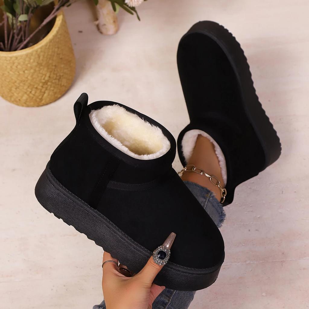 Fashion Winter Trendy Women Snow Boots Thick Sole Fashion Boots Warm Plush Non-slip Mid-top Boots Thickened Fluff Solid Women Shoes